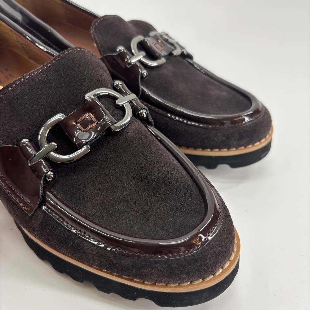 Donald Pliner Clio loafers brown suede patent leather 6.5 chunky heel 90s - Picture 6 of 12